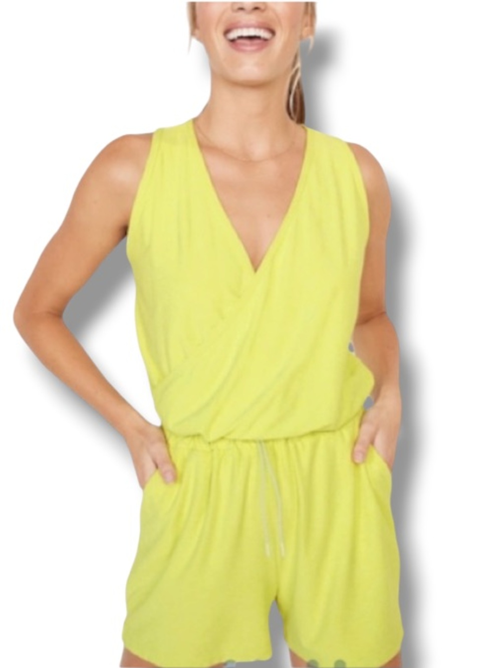 Old Navy Women’s Breathe ON Cross-Front V-Neck Romper Neon Yellow Athleisure